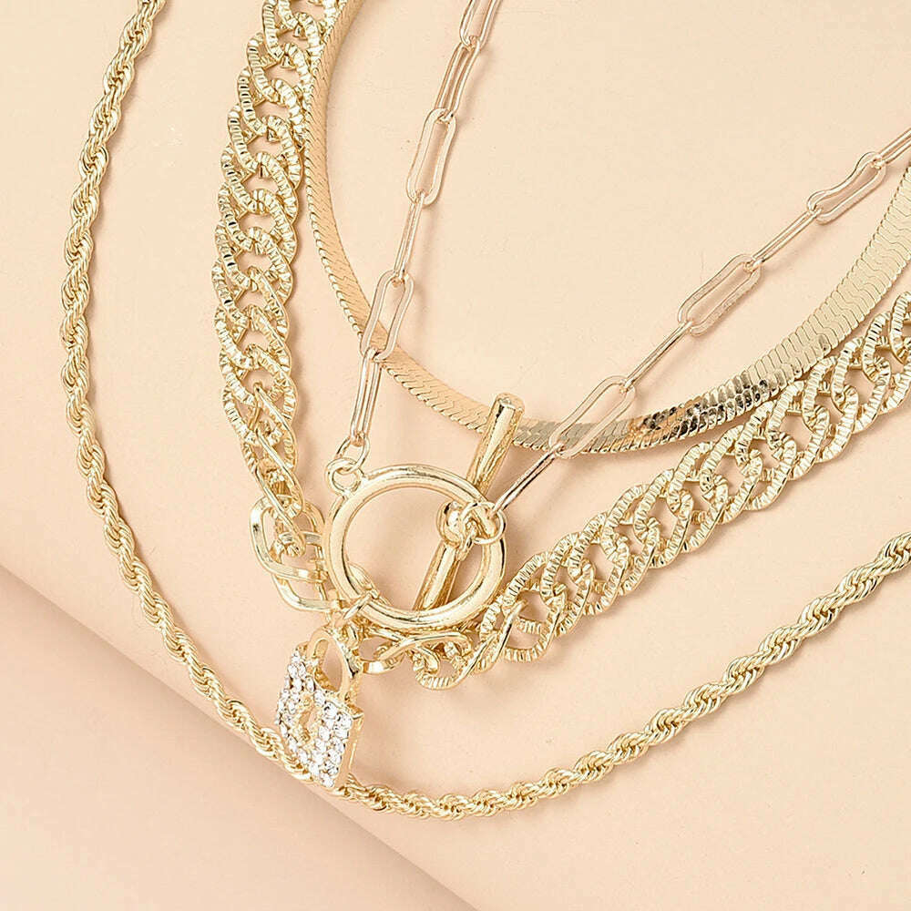 KIMLUD, New Gold-plate Lock Snake Chain Necklaces For Women Multilevel Female Luxury Crystal T-shaped Buckle Pendant Necklace Jewelry, KIMLUD Womens Clothes