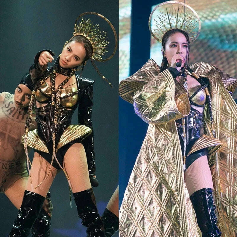 KIMLUD, New Golden Womens Gogo Performance Costume Bar Dance Performance Suit Nightclub Original Walk Show Outfit DJ Practice Clothing , KIMLUD Womens Clothes