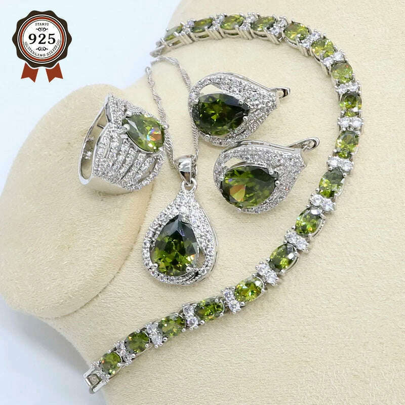 KIMLUD, New Green Peridot Zircon Silver 925 Jewelry Set Women Bracelet Earrings Necklace Pendant Ring Birthday Gift, KIMLUD Womens Clothes