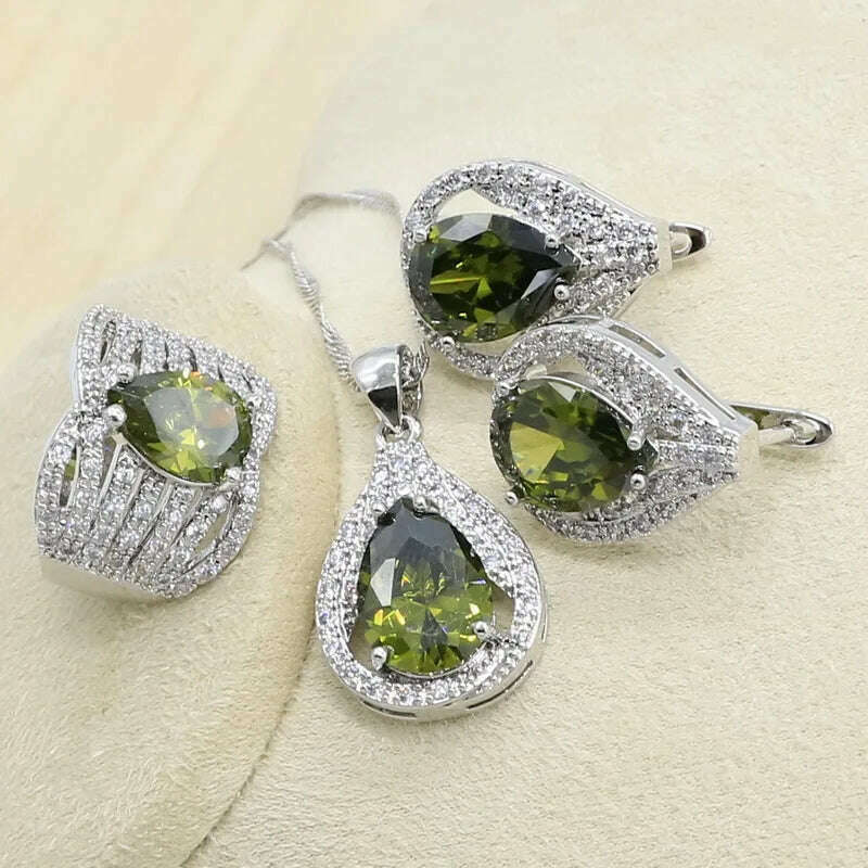 KIMLUD, New Green Peridot Zircon Silver 925 Jewelry Set Women Bracelet Earrings Necklace Pendant Ring Birthday Gift, KIMLUD Womens Clothes