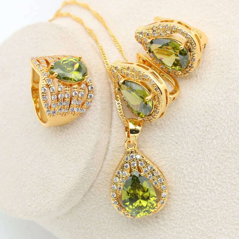 KIMLUD, New Green Peridot Zircon Silver 925 Jewelry Set Women Bracelet Earrings Necklace Pendant Ring Birthday Gift, Gold Green / 6, KIMLUD APPAREL - Womens Clothes