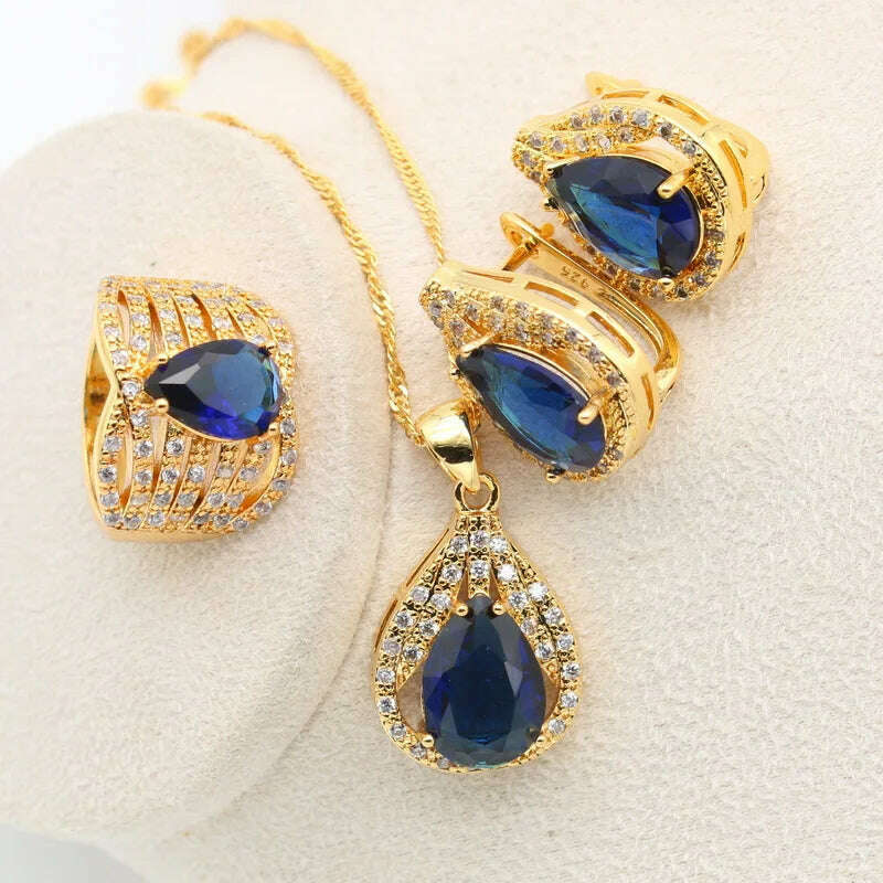 KIMLUD, New Green Peridot Zircon Silver 925 Jewelry Set Women Bracelet Earrings Necklace Pendant Ring Birthday Gift, Gold Blue / 6, KIMLUD APPAREL - Womens Clothes