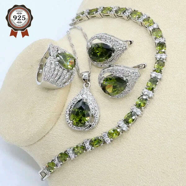 KIMLUD, New Green Peridot Zircon Silver 925 Jewelry Set Women Bracelet Earrings Necklace Pendant Ring Birthday Gift, Peridot 4pcs / 6, KIMLUD APPAREL - Womens Clothes