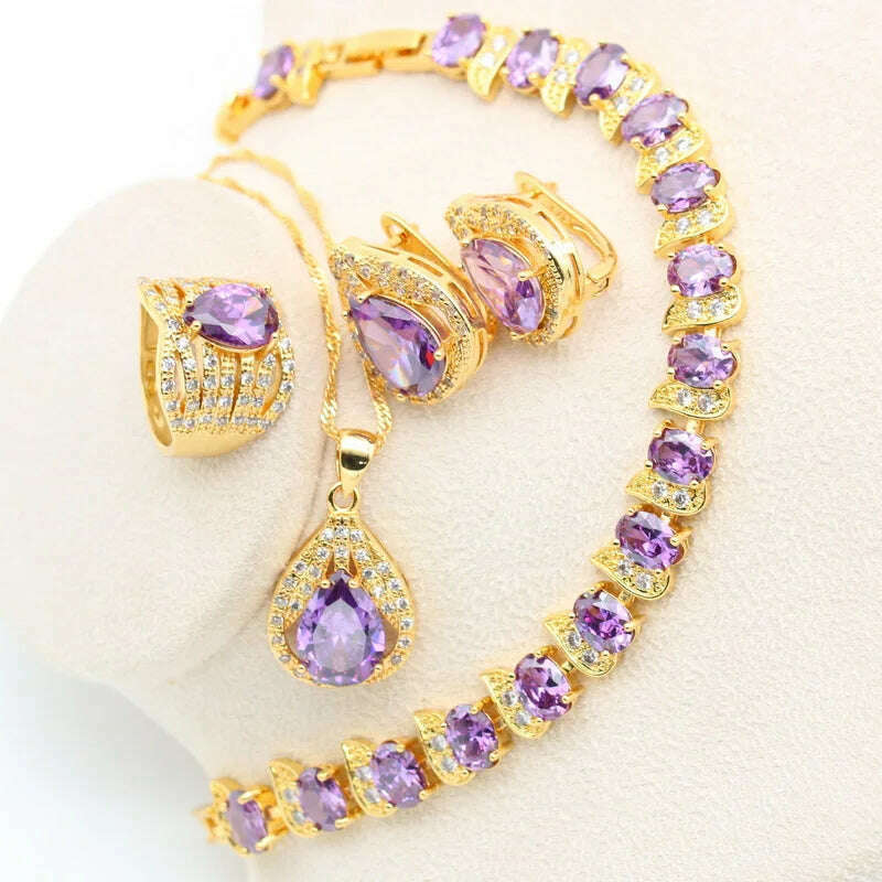 KIMLUD, New Green Peridot Zircon Silver 925 Jewelry Set Women Bracelet Earrings Necklace Pendant Ring Birthday Gift, Purple 4pcs / 7, KIMLUD APPAREL - Womens Clothes