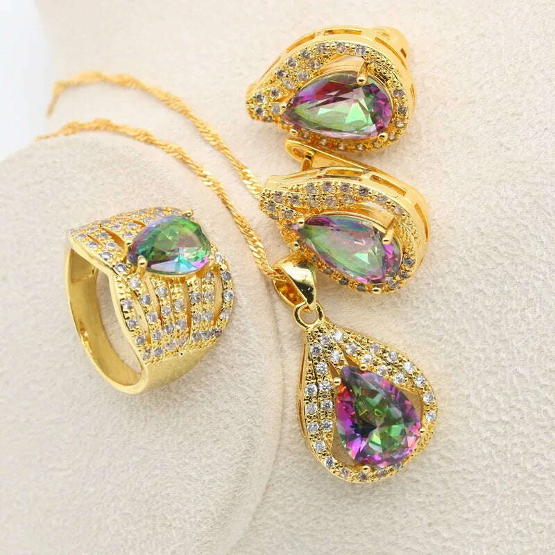 KIMLUD, New Green Peridot Zircon Silver 925 Jewelry Set Women Bracelet Earrings Necklace Pendant Ring Birthday Gift, Gold Rainbow / 6, KIMLUD APPAREL - Womens Clothes