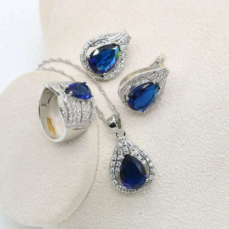 KIMLUD, New Green Peridot Zircon Silver 925 Jewelry Set Women Bracelet Earrings Necklace Pendant Ring Birthday Gift, Blue 3pcs / 6, KIMLUD APPAREL - Womens Clothes