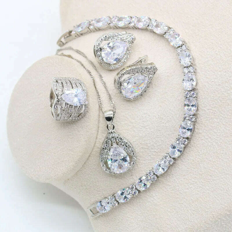 KIMLUD, New Green Peridot Zircon Silver 925 Jewelry Set Women Bracelet Earrings Necklace Pendant Ring Birthday Gift, White 3pcs / 6, KIMLUD APPAREL - Womens Clothes