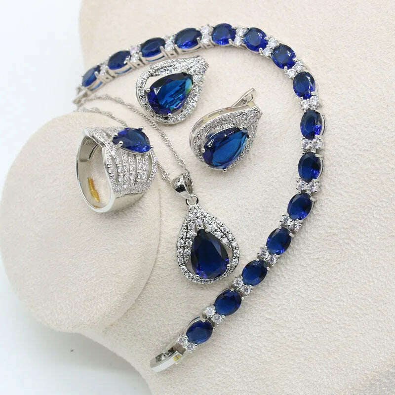 KIMLUD, New Green Peridot Zircon Silver 925 Jewelry Set Women Bracelet Earrings Necklace Pendant Ring Birthday Gift, Blue 4pcs / 6, KIMLUD APPAREL - Womens Clothes