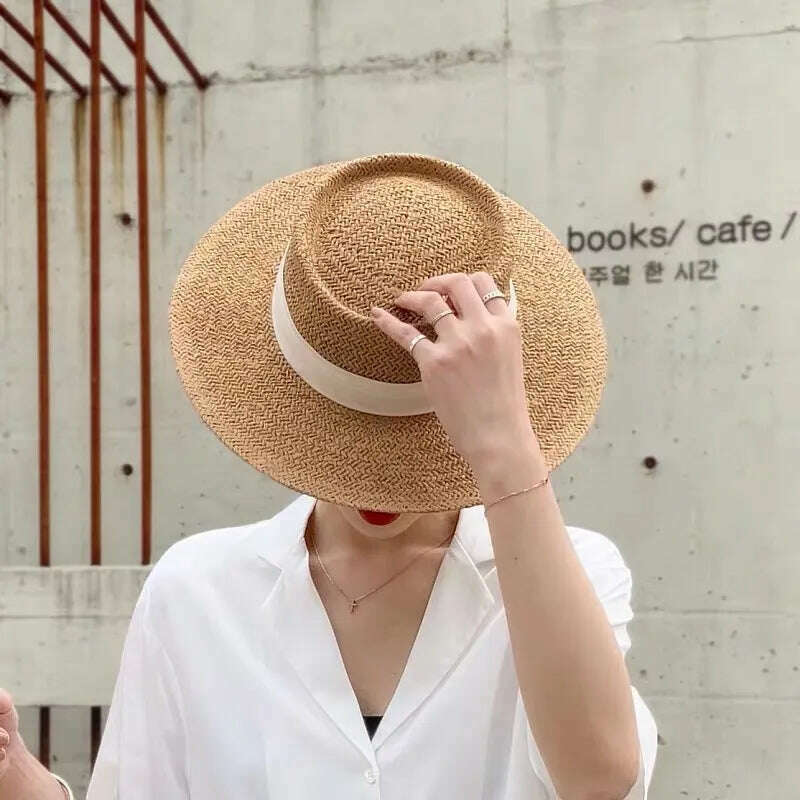 KIMLUD, New Handmade Straw Beach Hat For Women Summer Holiday Panama Cap Fashion Concave Flat Sun Protection Visor Hats Wholesale, KIMLUD Womens Clothes