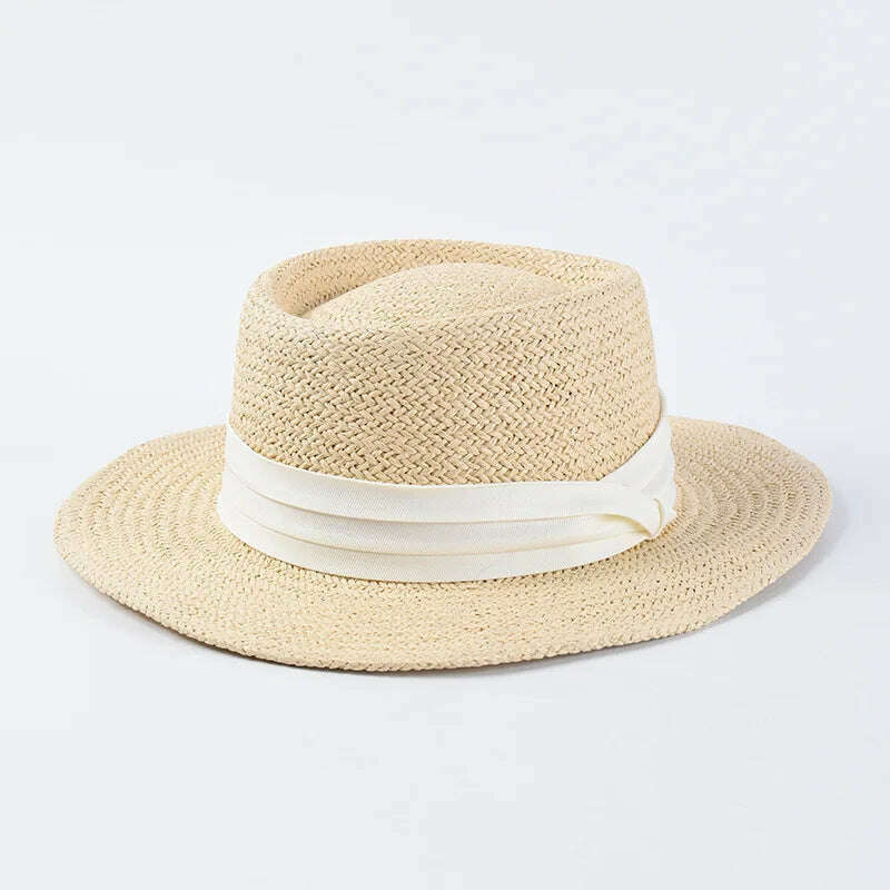 KIMLUD, New Handmade Straw Beach Hat For Women Summer Holiday Panama Cap Fashion Concave Flat Sun Protection Visor Hats Wholesale, 01, KIMLUD APPAREL - Womens Clothes