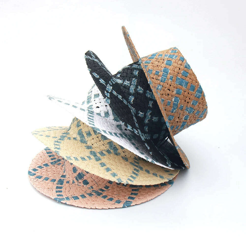 KIMLUD, New Handmade Straw Beach Hat For Women Summer Holiday Panama Cap Fashion Concave Flat Sun Protection Visor Hats Wholesale, KIMLUD Womens Clothes