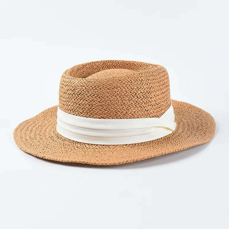 KIMLUD, New Handmade Straw Beach Hat For Women Summer Holiday Panama Cap Fashion Concave Flat Sun Protection Visor Hats Wholesale, KIMLUD Womens Clothes