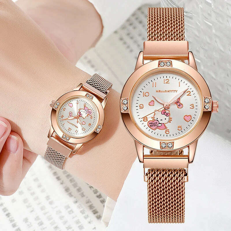 New Hello Kitty Diamond Watches Women Cat Bow Kawaii Pink Ladies Gold Sliver Metal Jewelry Cartoon Magnetic Watch Girls - KIMLUD