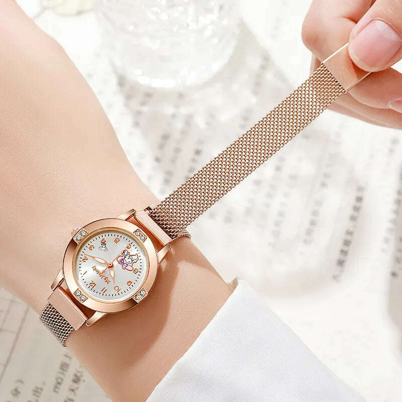 New Hello Kitty Diamond Watches Women Cat Bow Kawaii Pink Ladies Gold Sliver Metal Jewelry Cartoon Magnetic Watch Girls - KIMLUD