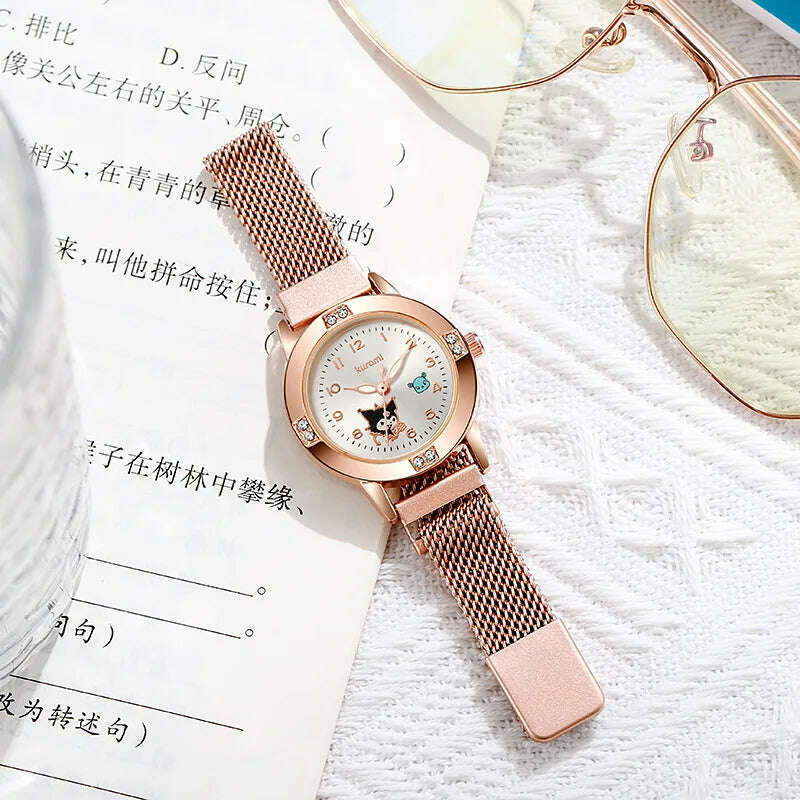 New Hello Kitty Diamond Watches Women Cat Bow Kawaii Pink Ladies Gold Sliver Metal Jewelry Cartoon Magnetic Watch Girls - KIMLUD