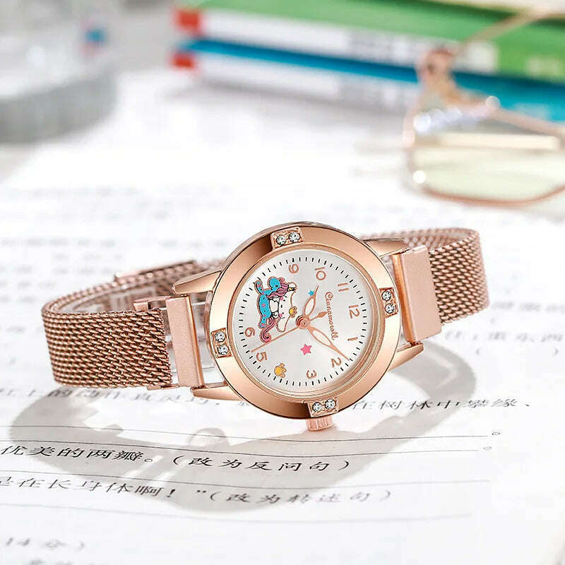New Hello Kitty Diamond Watches Women Cat Bow Kawaii Pink Ladies Gold Sliver Metal Jewelry Cartoon Magnetic Watch Girls - KIMLUD