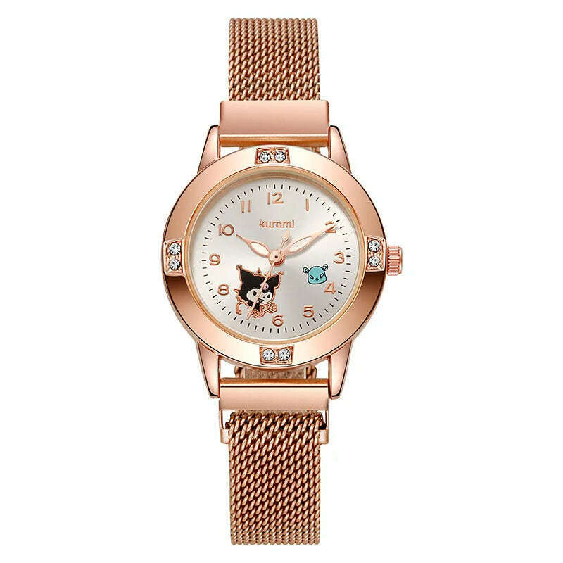 New Hello Kitty Diamond Watches Women Cat Bow Kawaii Pink Ladies Gold Sliver Metal Jewelry Cartoon Magnetic Watch Girls - KIMLUD
