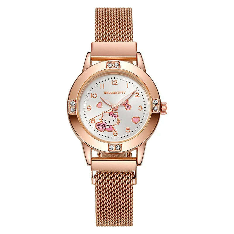 New Hello Kitty Diamond Watches Women Cat Bow Kawaii Pink Ladies Gold Sliver Metal Jewelry Cartoon Magnetic Watch Girls - KIMLUD