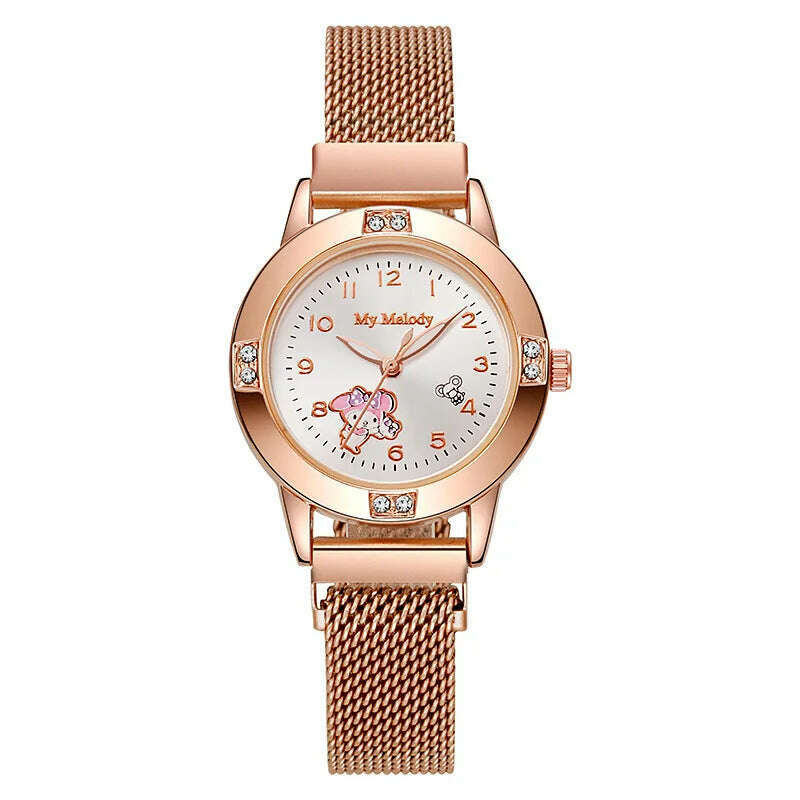 New Hello Kitty Diamond Watches Women Cat Bow Kawaii Pink Ladies Gold Sliver Metal Jewelry Cartoon Magnetic Watch Girls - KIMLUD