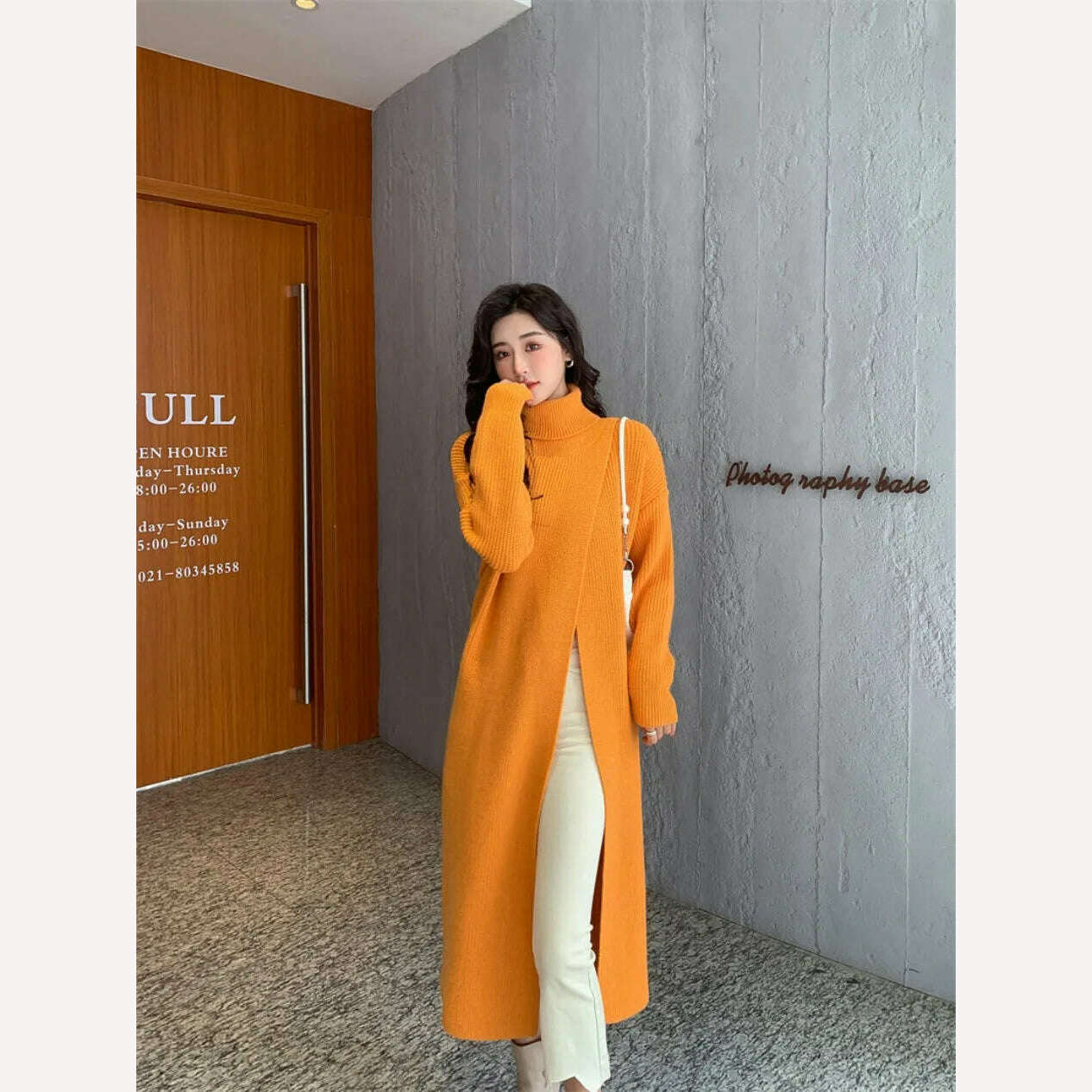 KIMLUD, New In Autumn Winter Women Knitted Pullover Dress High Necked Split Loose Long Sweater Dress Casual Temperament Women Clothes, KIMLUD Womens Clothes