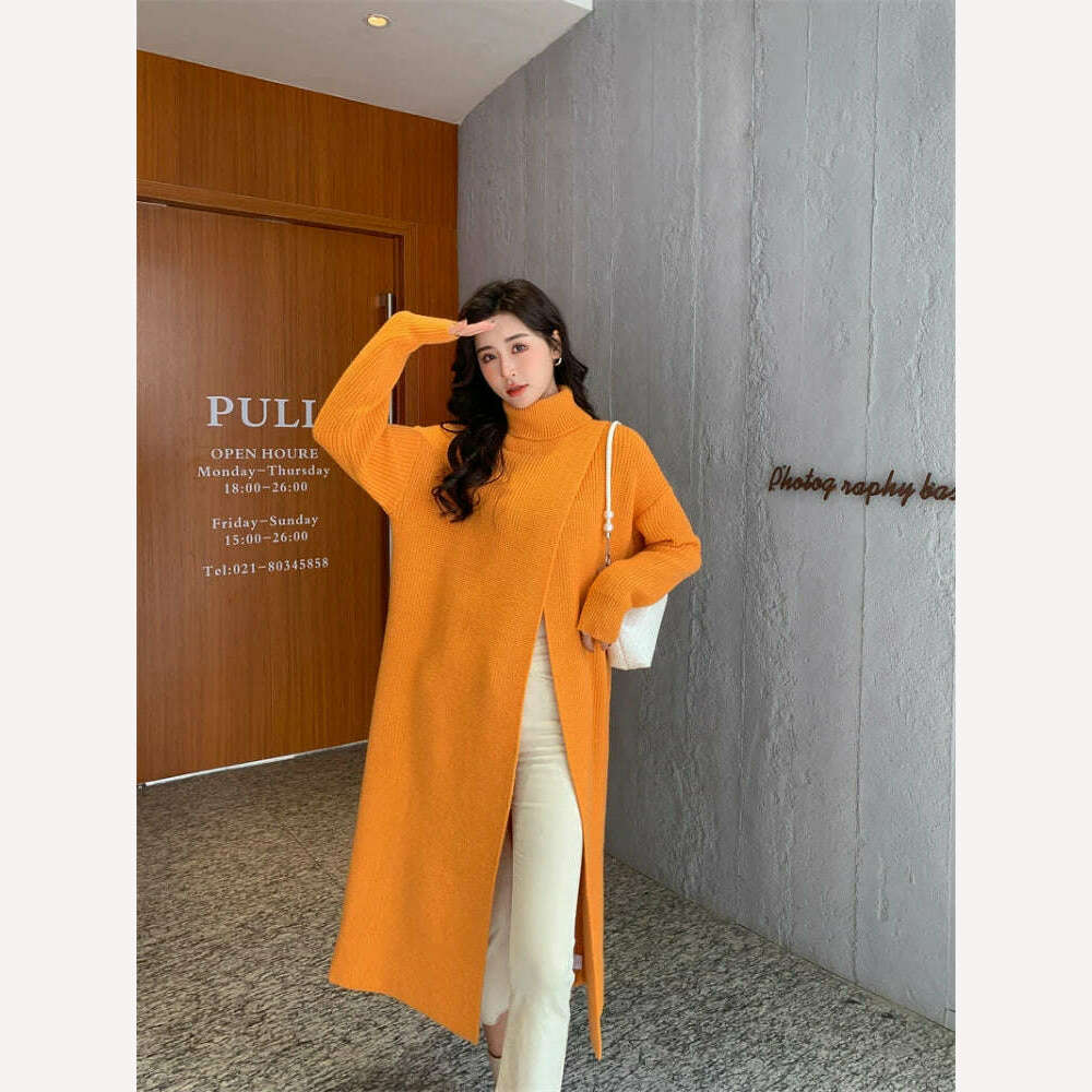 KIMLUD, New In Autumn Winter Women Knitted Pullover Dress High Necked Split Loose Long Sweater Dress Casual Temperament Women Clothes, Orange / One Size, KIMLUD APPAREL - Womens Clothes