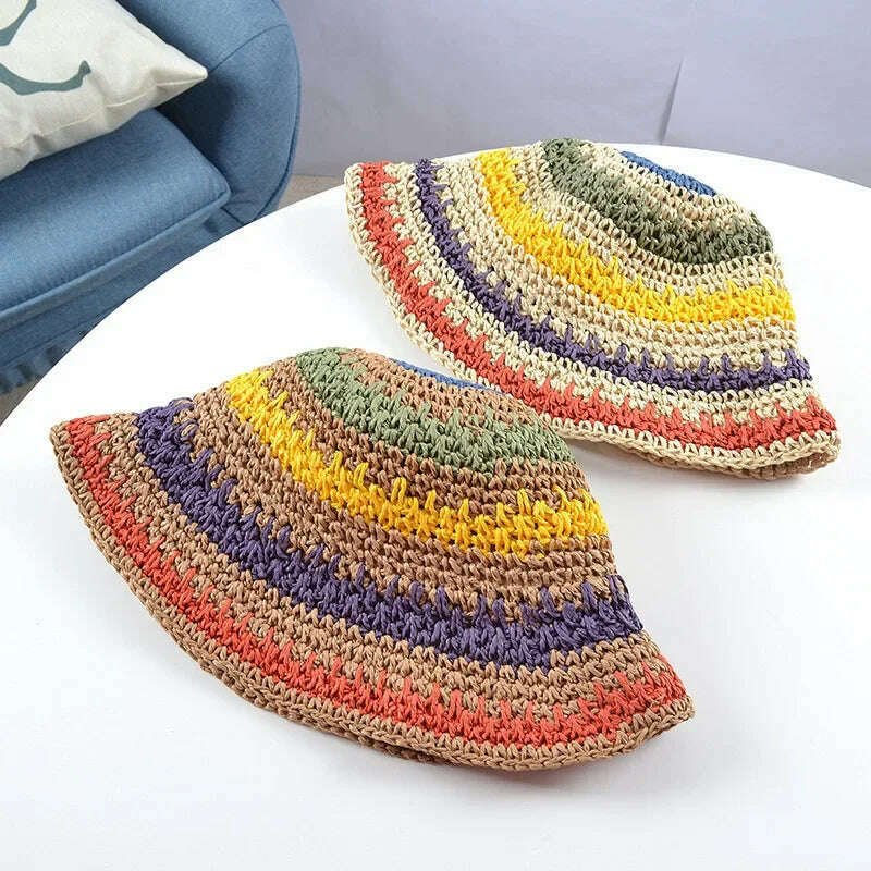 New Korean Style Multicolor Foldable Sun Crochet Hat For Beach, Travel And Vacation handmade straw hat - KIMLUD