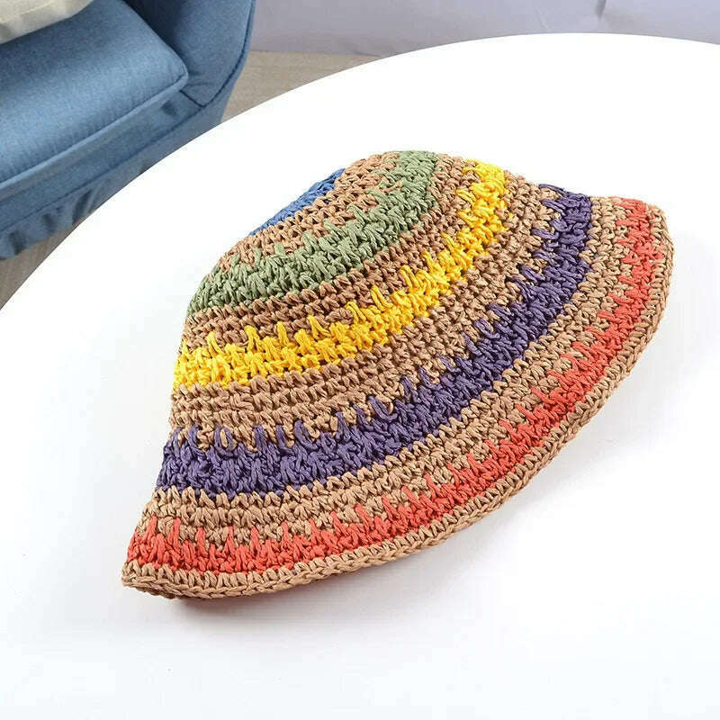 New Korean Style Multicolor Foldable Sun Crochet Hat For Beach, Travel And Vacation handmade straw hat - KIMLUD