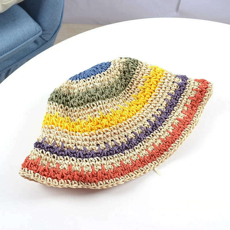 New Korean Style Multicolor Foldable Sun Crochet Hat For Beach, Travel And Vacation handmade straw hat - KIMLUD