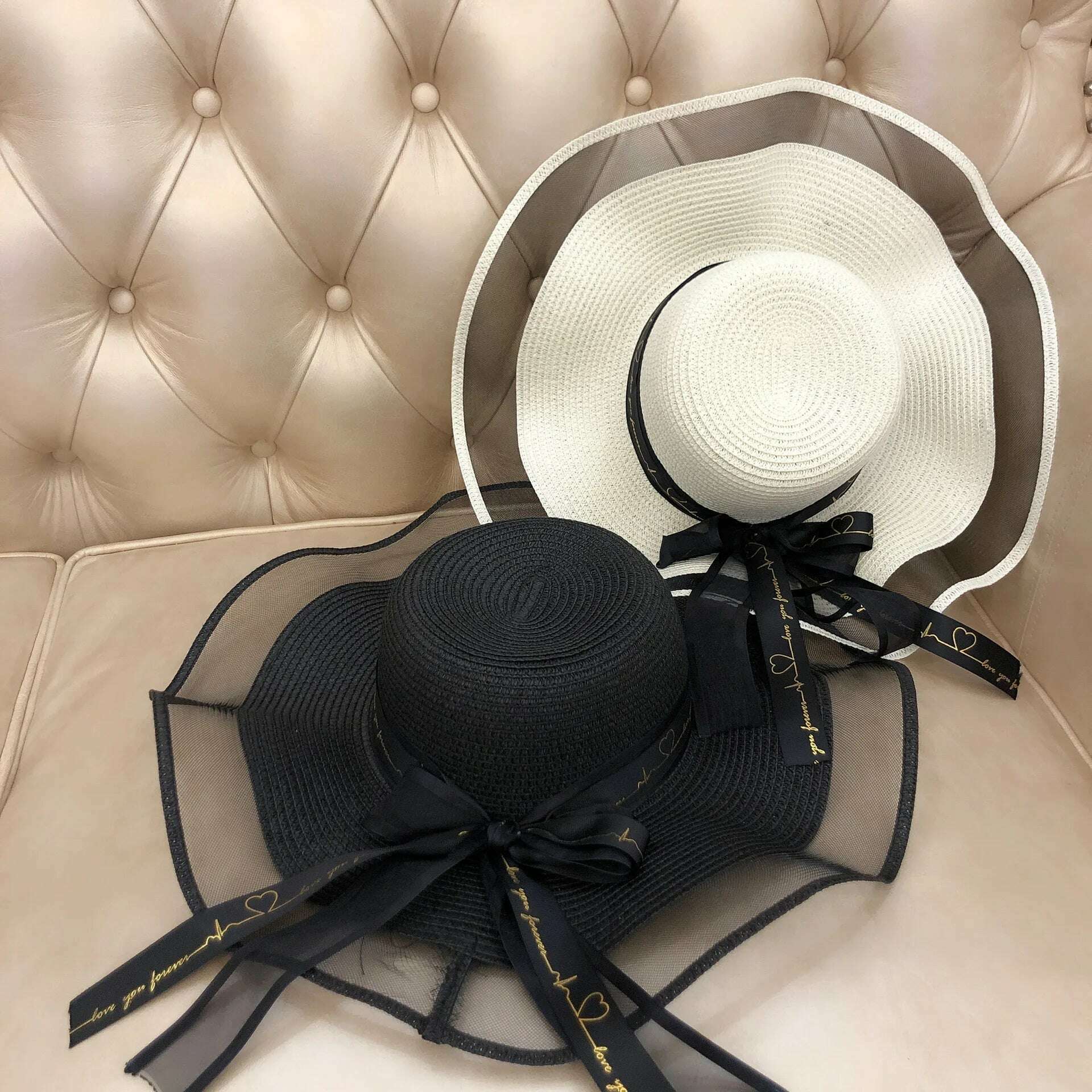 New Korean Style Women's Straw Bow Ribbon Big Brim Shade Ins Celebrity Outing Fashion Beach Vacation Ruffled Dome Straw Hat - KIMLUD