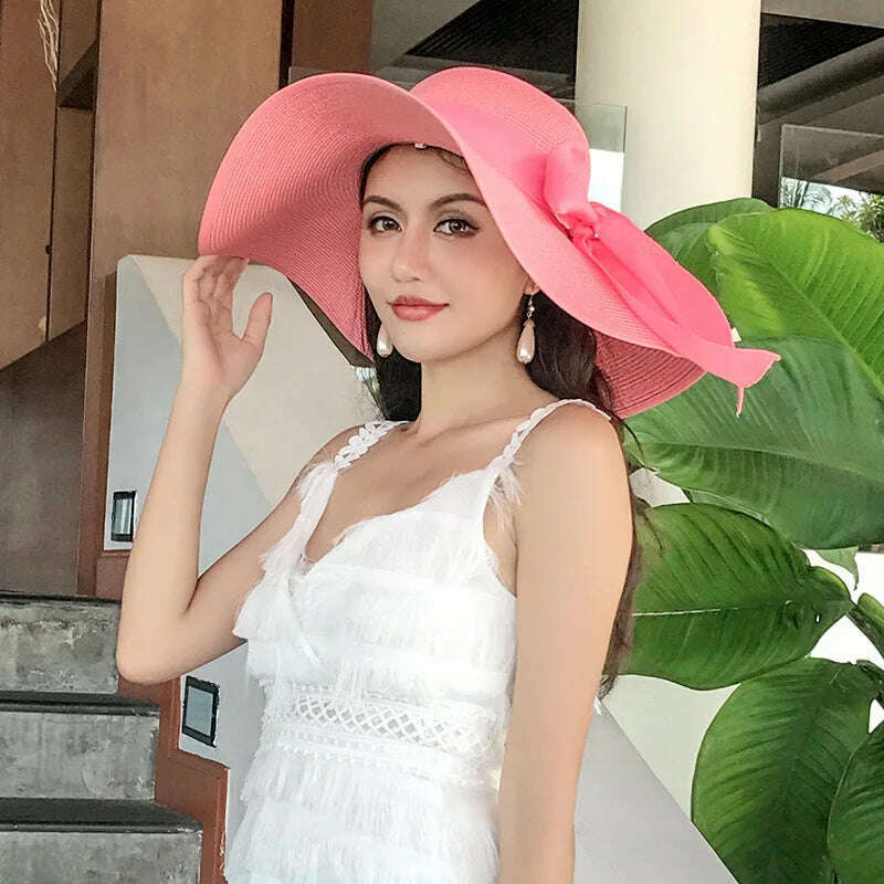 New Korean Style Women's Straw Bow Ribbon Big Brim Shade Ins Celebrity Outing Fashion Beach Vacation Ruffled Dome Straw Hat - KIMLUD