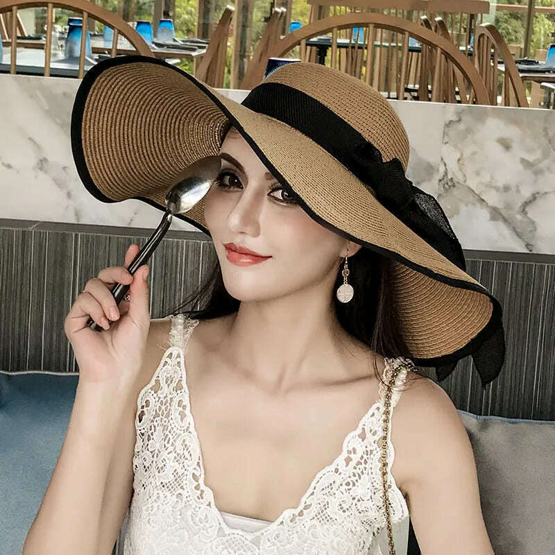 New Korean Style Women's Straw Bow Ribbon Big Brim Shade Ins Celebrity Outing Fashion Beach Vacation Ruffled Dome Straw Hat - KIMLUD