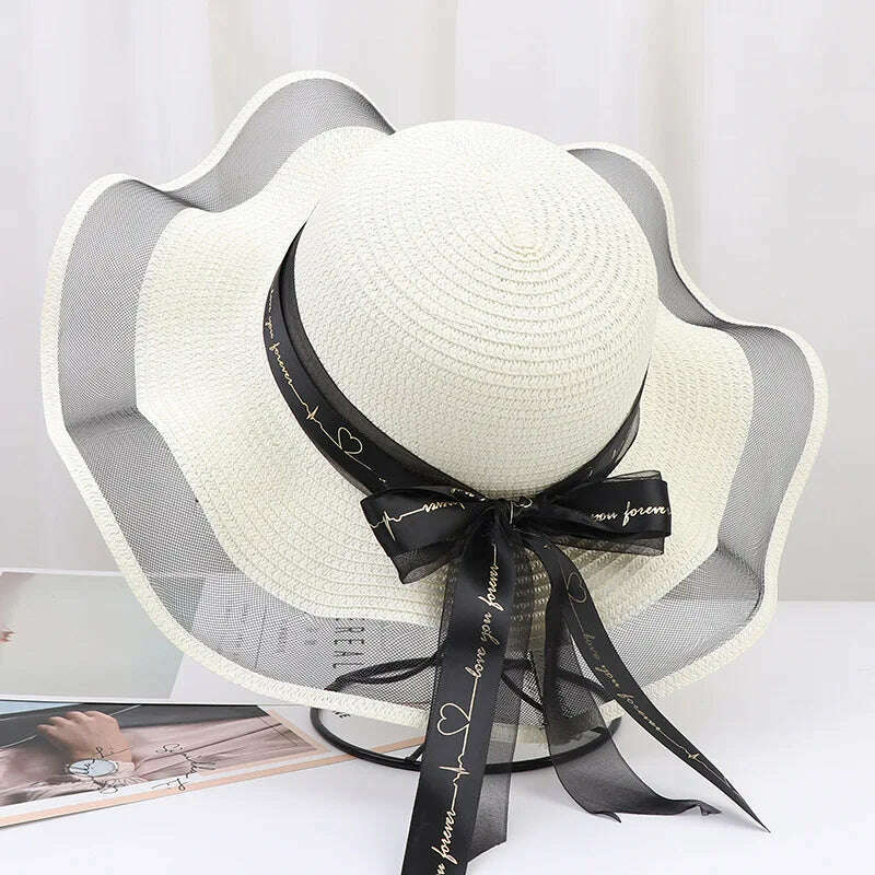 New Korean Style Women's Straw Bow Ribbon Big Brim Shade Ins Celebrity Outing Fashion Beach Vacation Ruffled Dome Straw Hat - KIMLUD