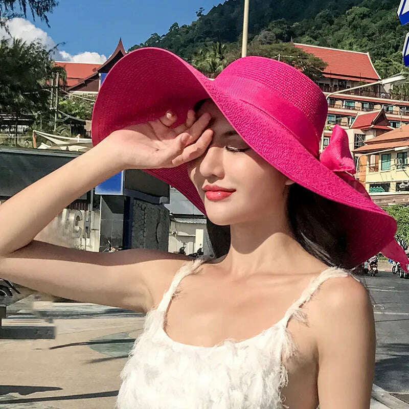 New Korean Style Women's Straw Bow Ribbon Big Brim Shade Ins Celebrity Outing Fashion Beach Vacation Ruffled Dome Straw Hat - KIMLUD