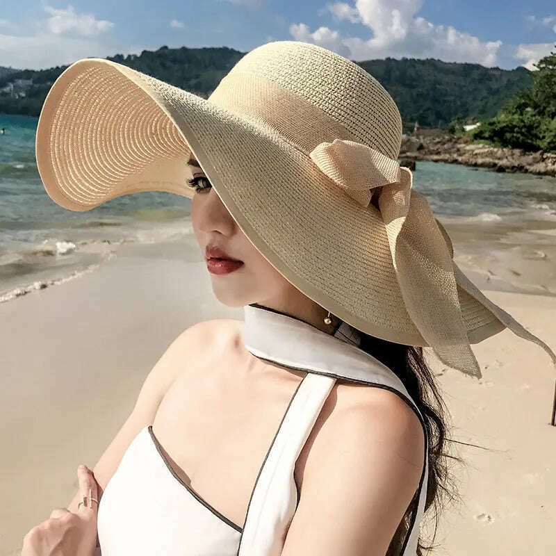New Korean Style Women's Straw Bow Ribbon Big Brim Shade Ins Celebrity Outing Fashion Beach Vacation Ruffled Dome Straw Hat - KIMLUD