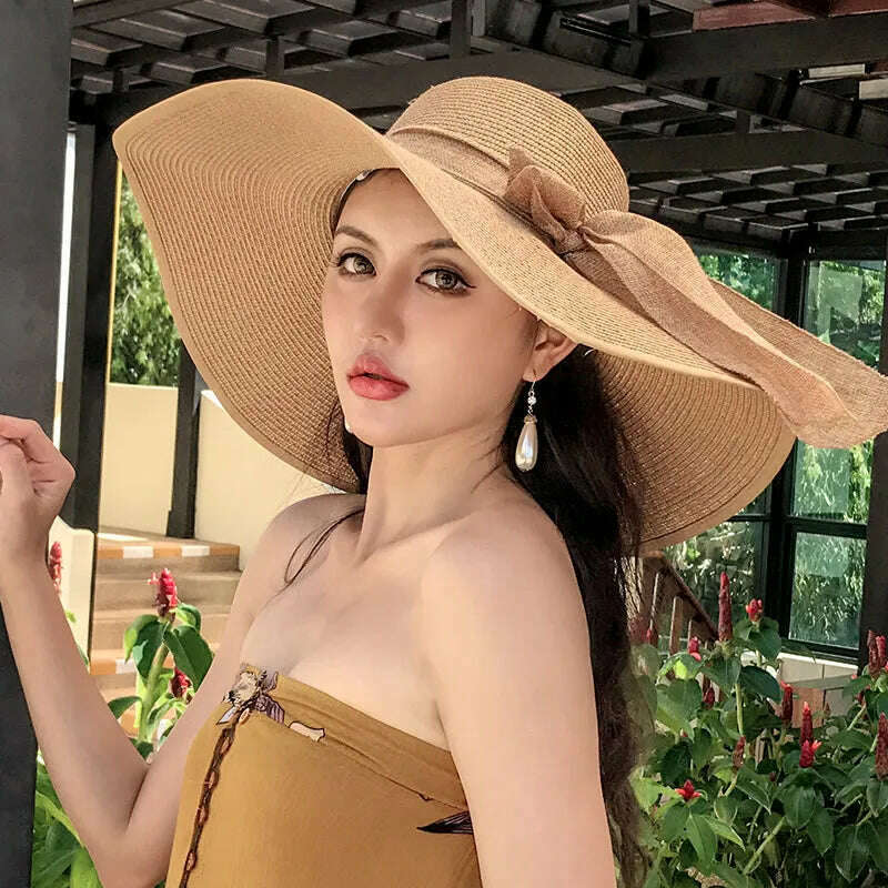 New Korean Style Women's Straw Bow Ribbon Big Brim Shade Ins Celebrity Outing Fashion Beach Vacation Ruffled Dome Straw Hat - KIMLUD