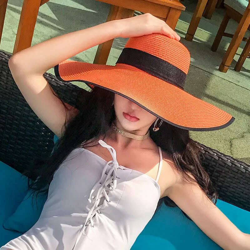 KIMLUD, New Korean Style Women's Straw Bow Ribbon Big Brim Shade Ins Celebrity Outing Fashion Beach Vacation Ruffled Dome Straw Hat, 18 / 55-58CM, KIMLUD Womens Clothes