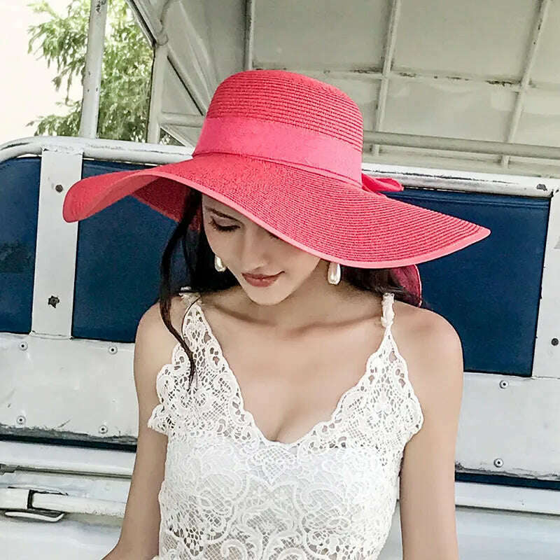 New Korean Style Women's Straw Bow Ribbon Big Brim Shade Ins Celebrity Outing Fashion Beach Vacation Ruffled Dome Straw Hat - KIMLUD