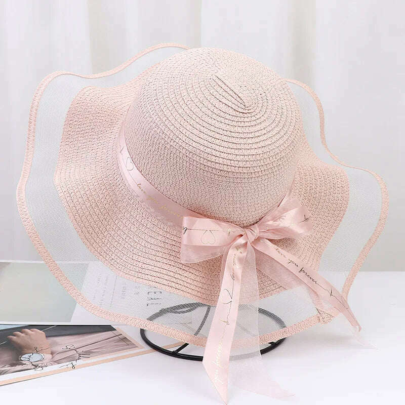 New Korean Style Women's Straw Bow Ribbon Big Brim Shade Ins Celebrity Outing Fashion Beach Vacation Ruffled Dome Straw Hat - KIMLUD