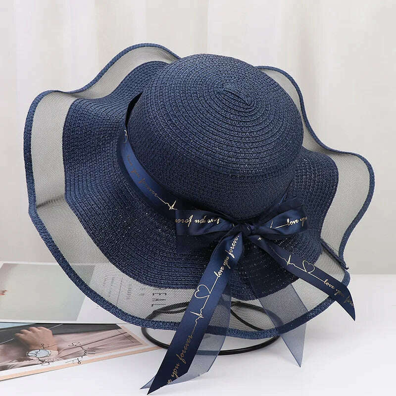 New Korean Style Women's Straw Bow Ribbon Big Brim Shade Ins Celebrity Outing Fashion Beach Vacation Ruffled Dome Straw Hat - KIMLUD