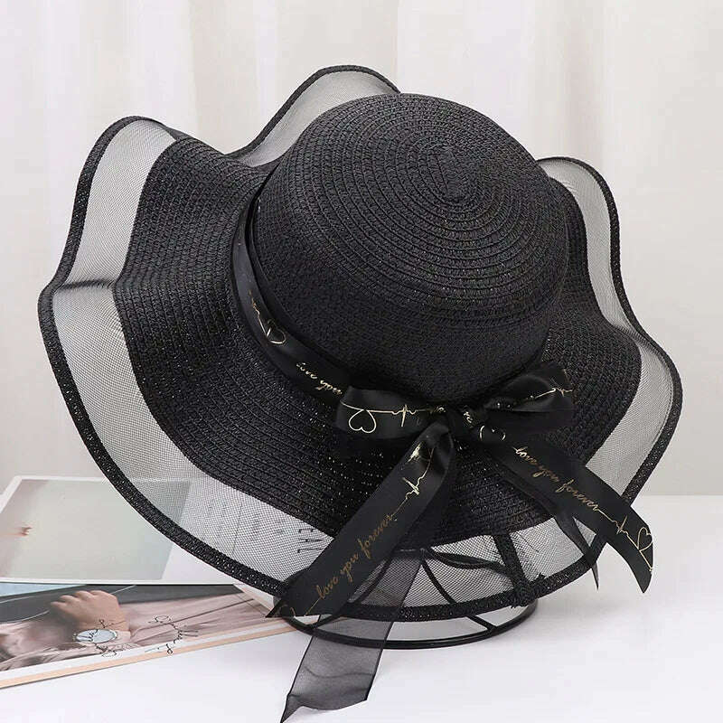 New Korean Style Women's Straw Bow Ribbon Big Brim Shade Ins Celebrity Outing Fashion Beach Vacation Ruffled Dome Straw Hat - KIMLUD