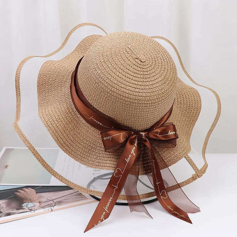 New Korean Style Women's Straw Bow Ribbon Big Brim Shade Ins Celebrity Outing Fashion Beach Vacation Ruffled Dome Straw Hat - KIMLUD