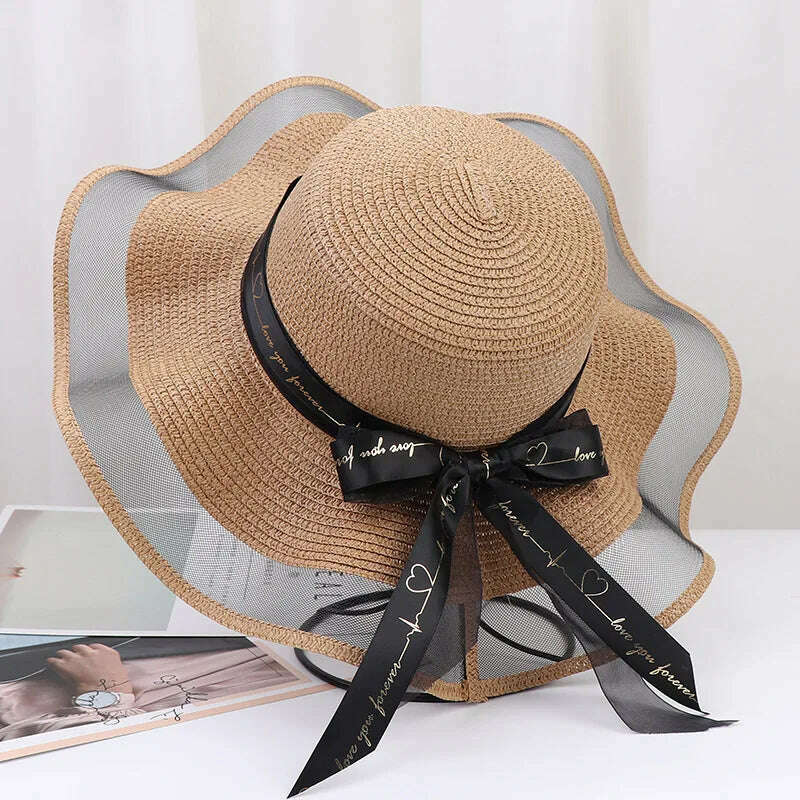 New Korean Style Women's Straw Bow Ribbon Big Brim Shade Ins Celebrity Outing Fashion Beach Vacation Ruffled Dome Straw Hat - KIMLUD