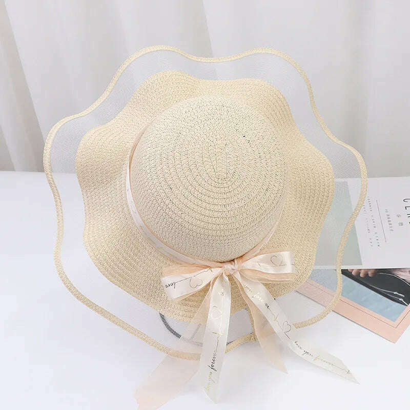 New Korean Style Women's Straw Bow Ribbon Big Brim Shade Ins Celebrity Outing Fashion Beach Vacation Ruffled Dome Straw Hat - KIMLUD