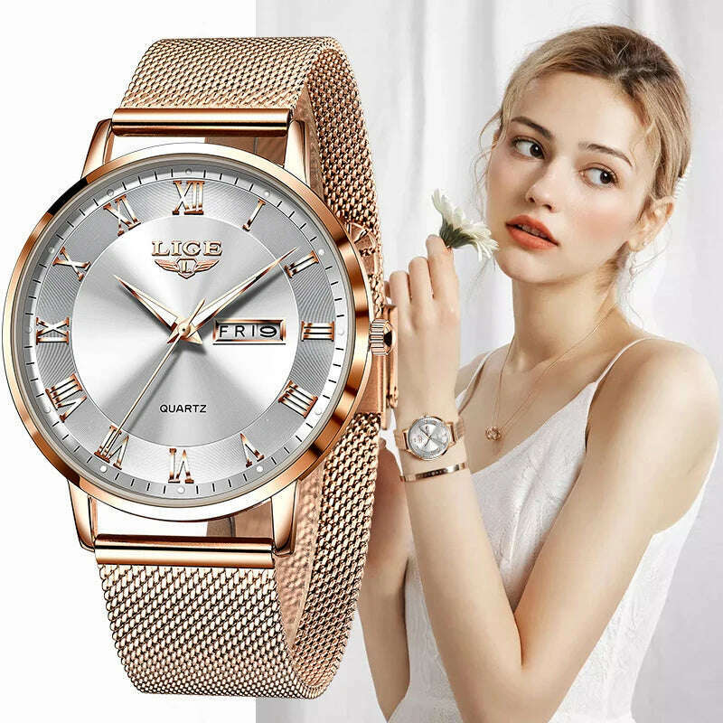 KIMLUD, New LIGE Women Ultra-Thin Watch Top Brand Luxury Watches Fashion Ladies Clock Stainless Steel Waterproof Calendar Wristwatch+Box, KIMLUD Womens Clothes
