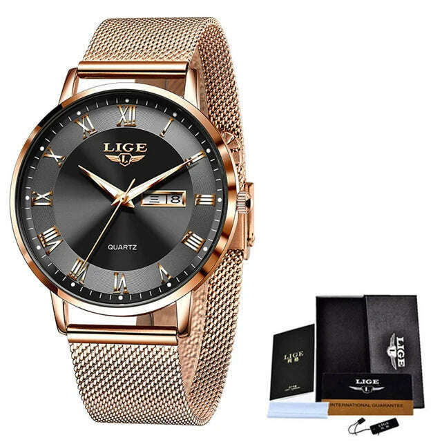 KIMLUD, New LIGE Women Ultra-Thin Watch Top Brand Luxury Watches Fashion Ladies Clock Stainless Steel Waterproof Calendar Wristwatch+Box, KIMLUD Womens ClothesKIMLUD, New LIGE Women Ultra-Thin Watch Top Brand Luxury Watches Fashion Ladies Clock Stainless Steel Waterproof Calendar Wristwatch+Box, Rose gold black / China, KIMLUD APPAREL - Womens Clothes