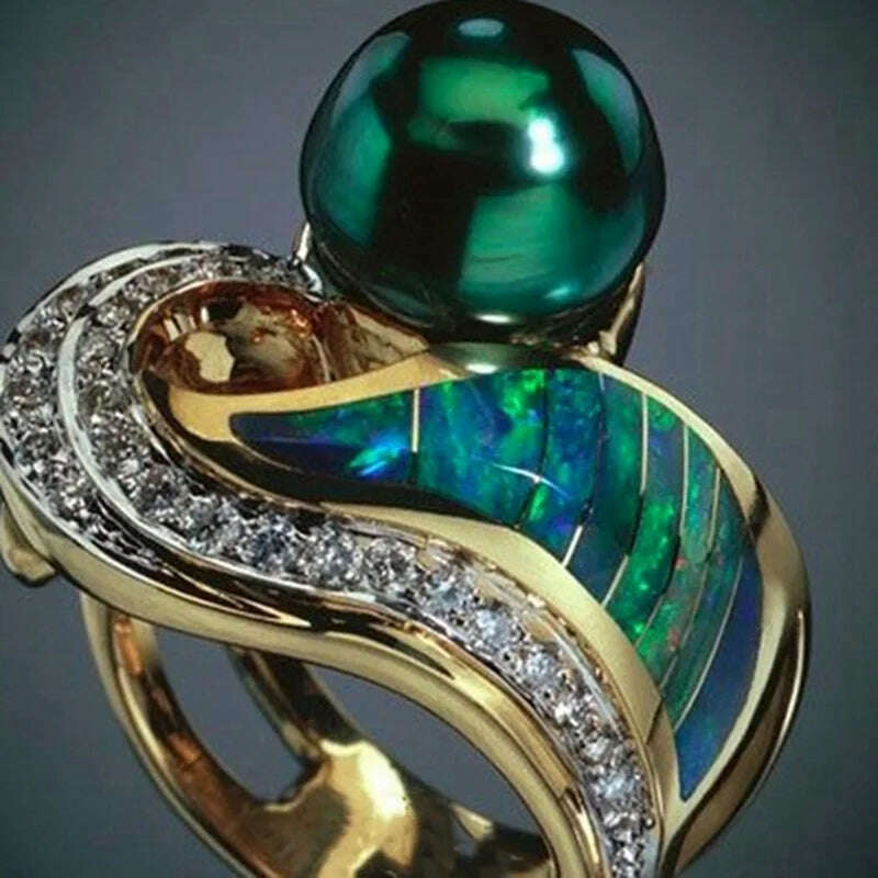 KIMLUD, New Luxury Gemstone Emerald Ring Gold Color Inlaid Green Zircon Rings For Women Cheap Jewelry Ring Indie Engagement Jewelry, KIMLUD Womens Clothes