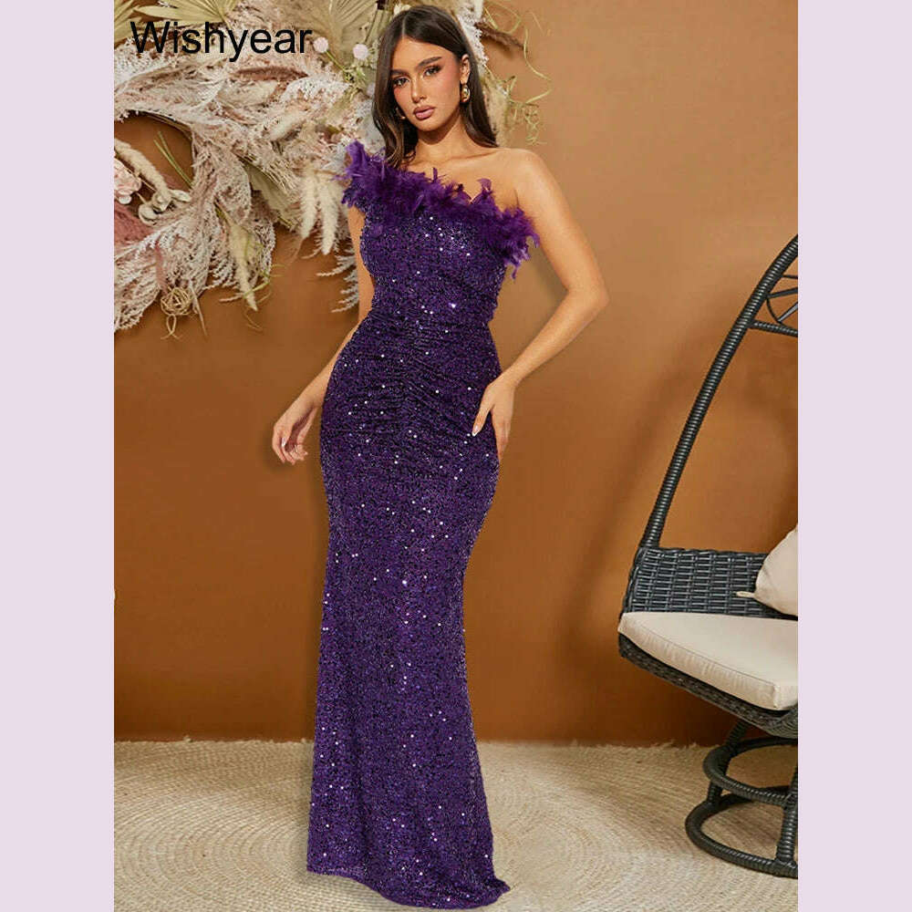 New Luxury Sequined Feather One Shoulder Sleeveless Slanted Collar Backless  Purple Long Dress Women Birthday Party Event Gowns