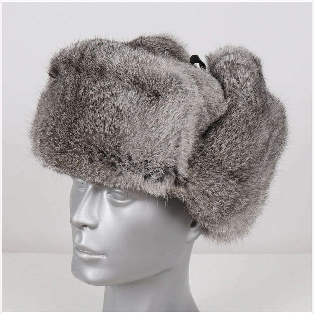 New Men Russian Winter Real Rabbit Fur Bomber Hat Super Warm 100% Natural Rabbit Fur Hats Male Full Pelt Genuine Rabbit Fur Cap - KIMLUD