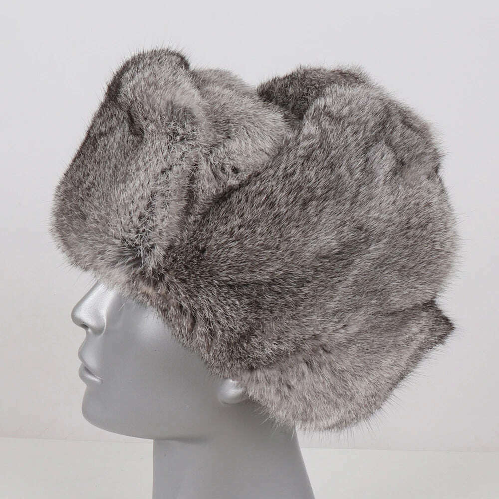 New Men Russian Winter Real Rabbit Fur Bomber Hat Super Warm 100% Natural Rabbit Fur Hats Male Full Pelt Genuine Rabbit Fur Cap - KIMLUD