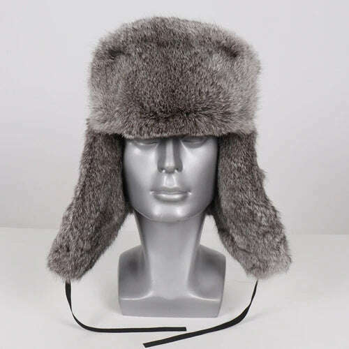 New Men Russian Winter Real Rabbit Fur Bomber Hat Super Warm 100% Natural Rabbit Fur Hats Male Full Pelt Genuine Rabbit Fur Cap - KIMLUD
